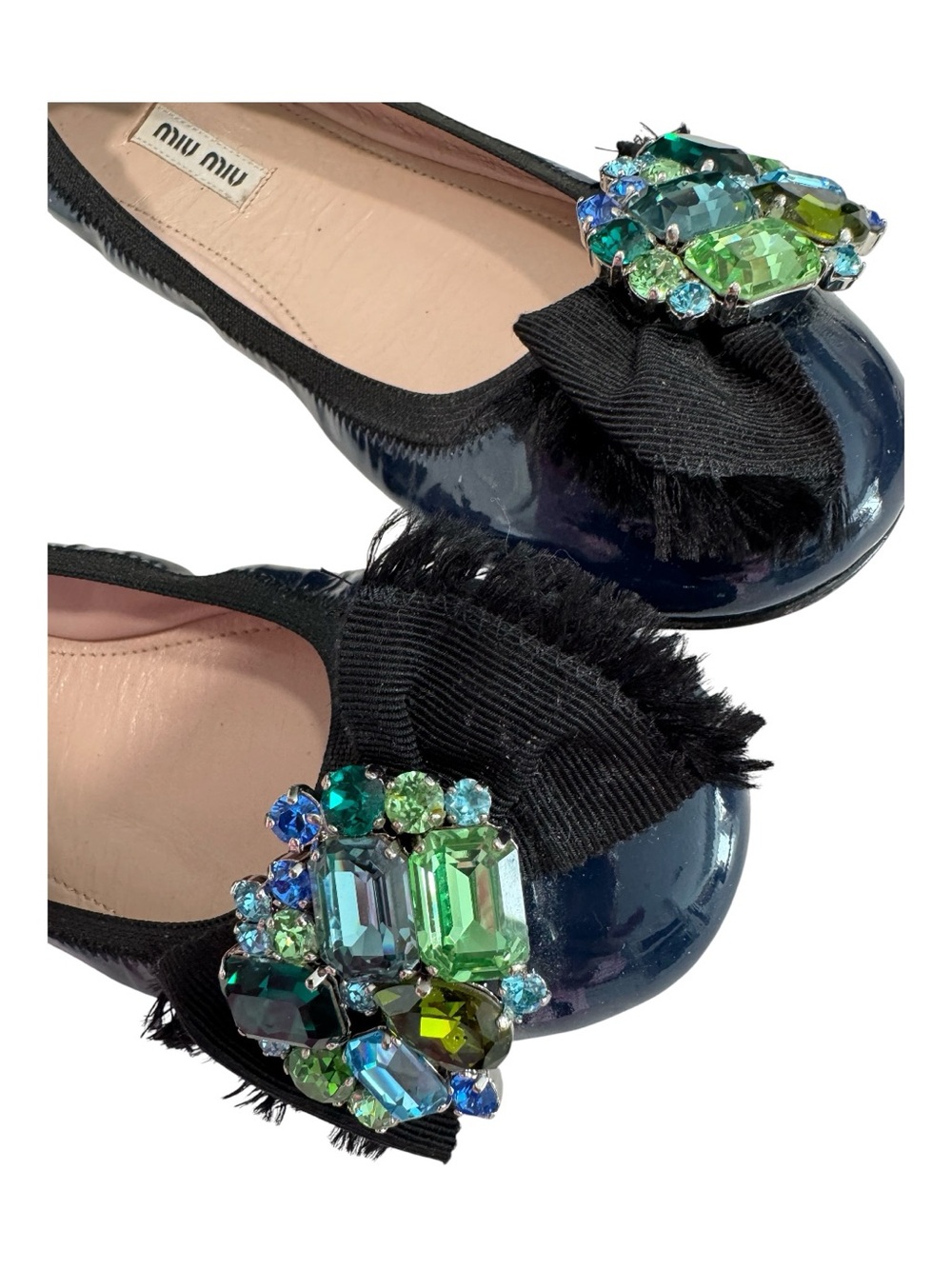 MIU MIU navy patent flats with rhinestone embellishment, 38